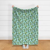12" Hand drawn Olive Branches Flowers Floral on teal" 