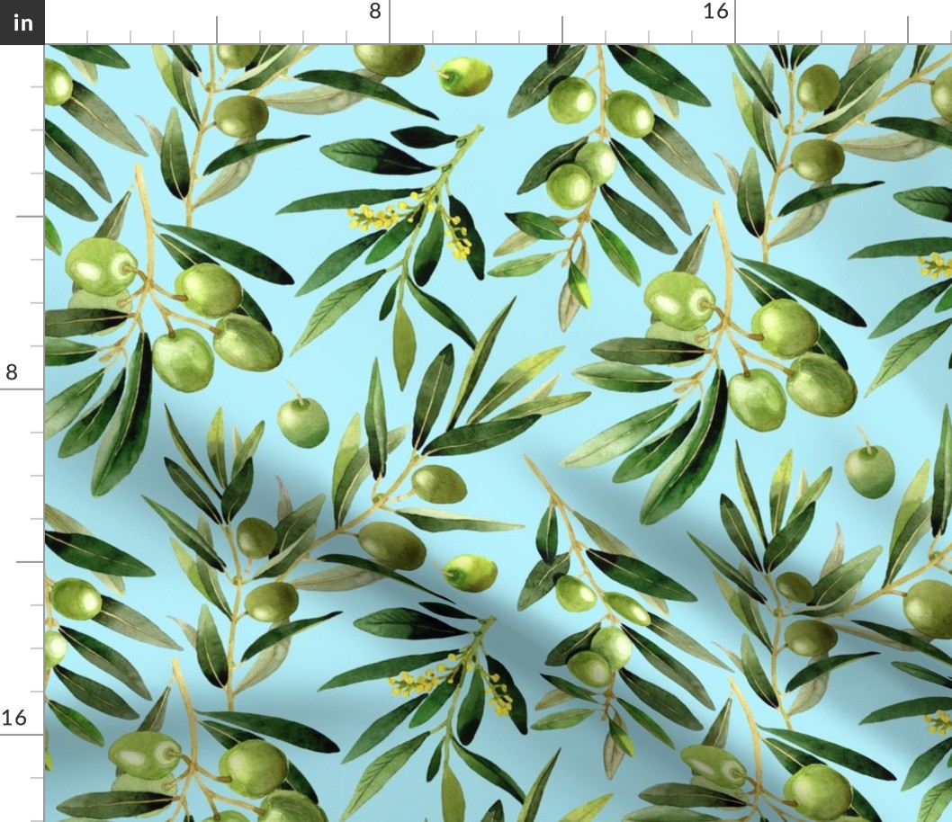12" Hand drawn Olive Branches Flowers Floral on teal" 