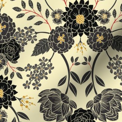 Gray, Black, Cream, Yellow & Red Sophisticated Floral Pattern