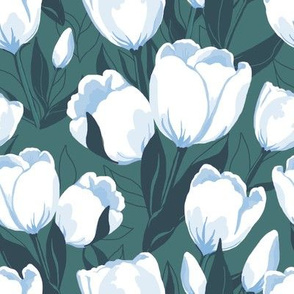 White tulips on dark teal
