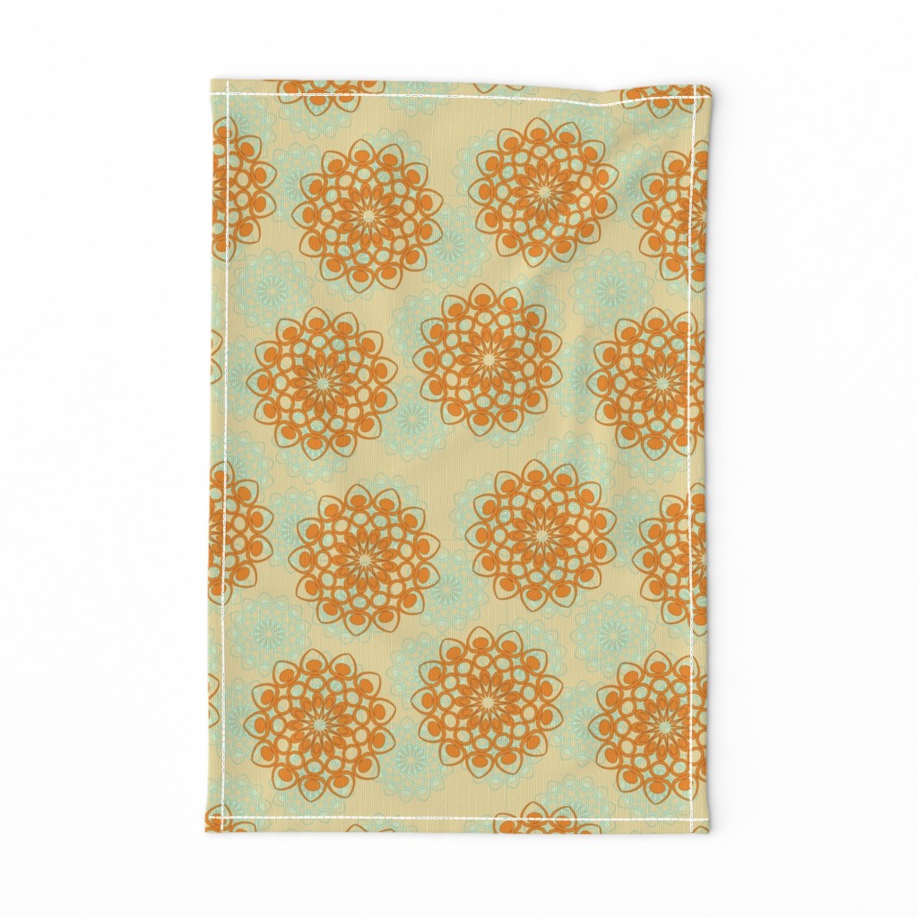 Orange and light blue stylized flowers on beige background