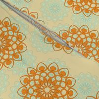 Orange and light blue stylized flowers on beige background