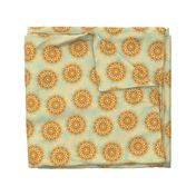 Orange and light blue stylized flowers on beige background