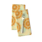 Orange and light blue stylized flowers on beige background