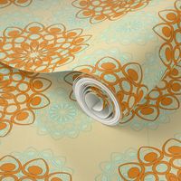 Orange and light blue stylized flowers on beige background