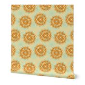 Orange and light blue stylized flowers on beige background