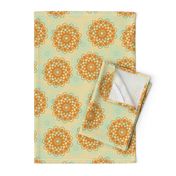 Orange and light blue stylized flowers on beige background