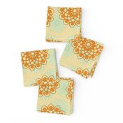 Orange and light blue stylized flowers on beige background