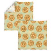 Orange and light blue stylized flowers on beige background