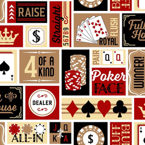 XL Blanket Size Patchwork Poker Phrases: Dark Red & Gold