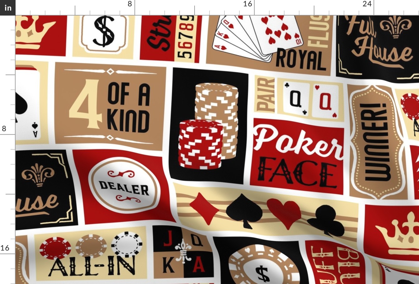 XL Blanket Size Patchwork Poker Phrases: Dark Red & Gold