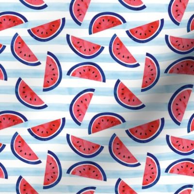 (small scale) watercolor watermelon on blue stripes - red white and blue - July 4th fabric C19BS