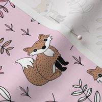 Little fox woodland summer forest and lush green leaves baby nursery design pink girls