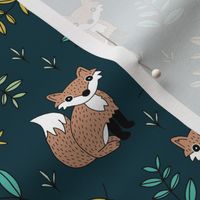 Little fox woodland forest and lush green leaves baby nursery design navy yellow boys