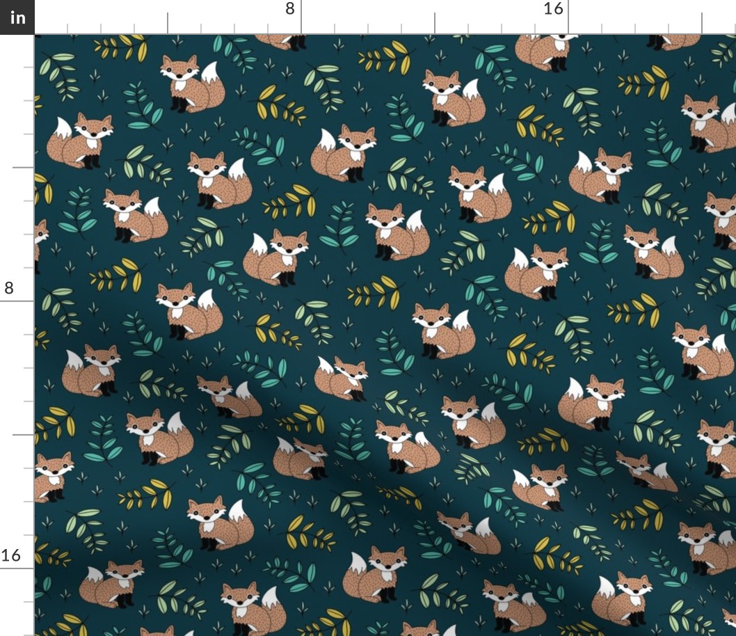 Little fox woodland forest and lush green leaves baby nursery design navy yellow boys