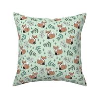 Little fox woodland summer forest and lush green leaves baby nursery design mint boys