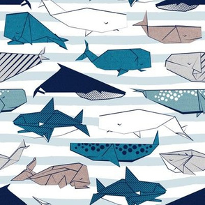 Origami Sea // small scale // white and blue nautical stripes background teal white grey and taupe whales