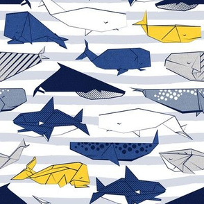 Origami Sea // small scale // white and blue nautical stripes background blue white grey and yellow whales