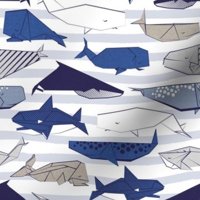 Origami Sea // small scale // white and blue nautical stripes background blue white grey and taupe whales