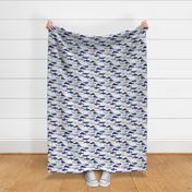 Origami Sea // small scale // white and blue nautical stripes background blue white grey and taupe whales