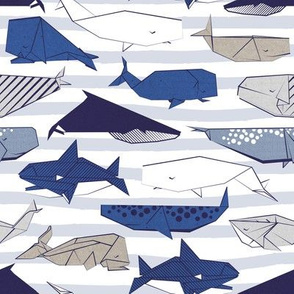 Origami Sea // small scale // white and blue nautical stripes background blue white grey and taupe whales