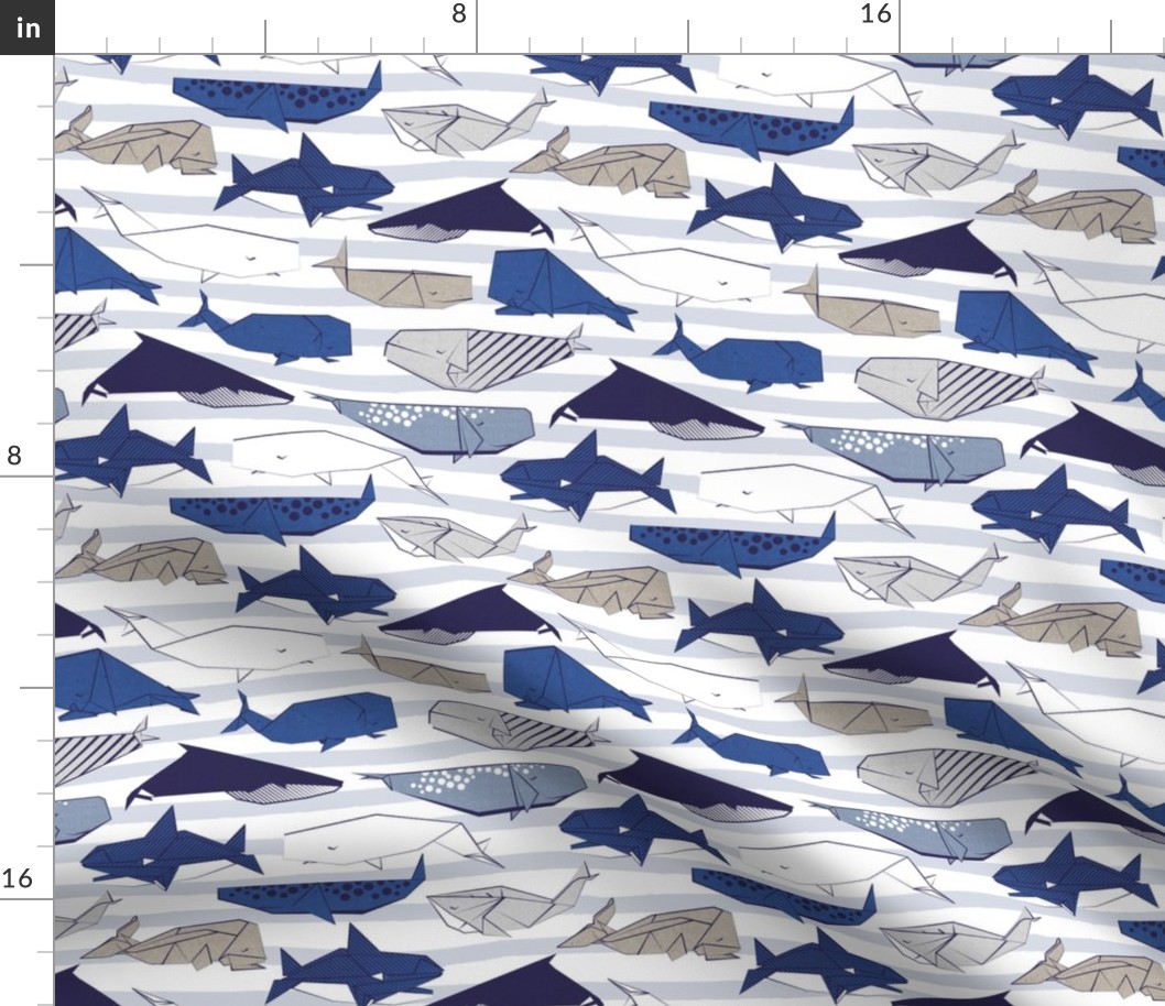 Origami Sea // small scale // white and blue nautical stripes background blue white grey and taupe whales