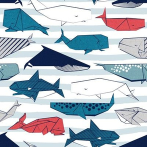Origami Sea // small scale // white and blue nautical stripes background teal white grey and red whales