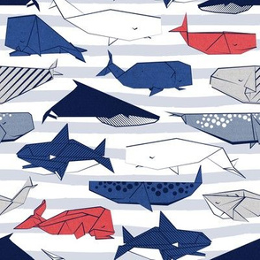 Origami Sea // small scale // white and blue nautical stripes background blue white grey and red whales