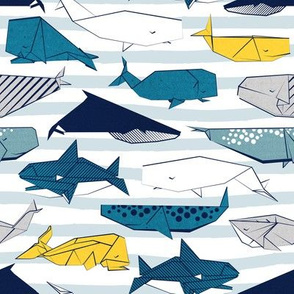 Origami Sea // small scale // white and blue nautical stripes background teal white grey and yellow whales