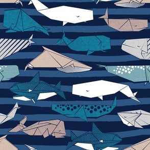 Origami Sea // small scale // oxford navy blue nautical stripes background teal white grey and taupe whales