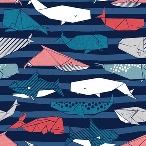 Origami Sea // small scale // oxford navy blue nautical stripes background teal white grey and red whales