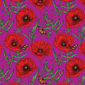 Botanical Red Poppy Flowers on Purple Magenta - Small Size