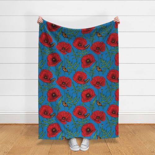 Botanical Red Poppy Flowers - Blue Larger Print