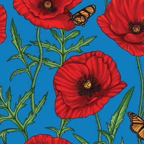 Botanical Red Poppy Flowers - Blue Larger Print