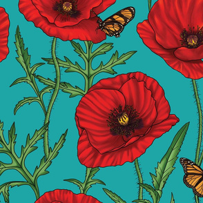 Botanical Red Poppy Flowers on Teal - Larger