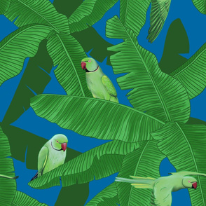 Tropical Parrots Birds within Banana Trees - Blue Medium Size