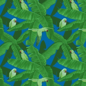 Tropical Parrots Birds within Palm Leaves - Dark Blue Small