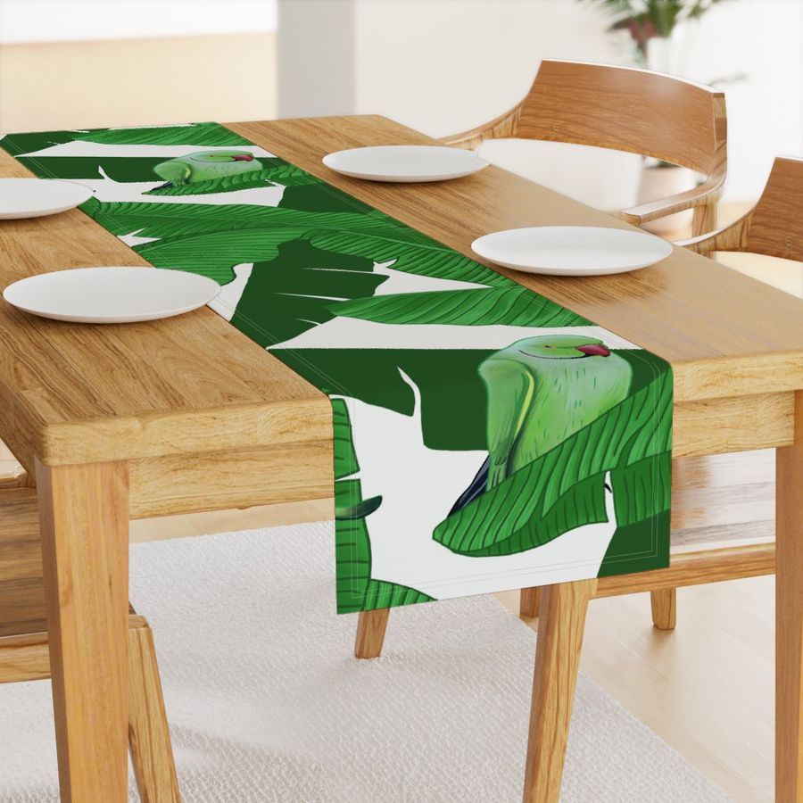 Tropical Green Parrot Birds on Banana Leaves - White Largest Size