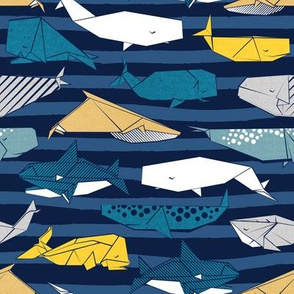 Origami Sea // small scale // oxford navy blue nautical stripes background teal white grey and yellow whales