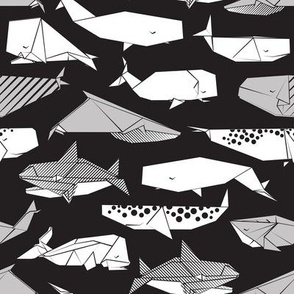 Origami Sea // small scale // black background black and white paper whales