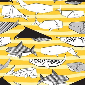 Origami Sea // small scale // yellow nautical stripes background black and white paper whales