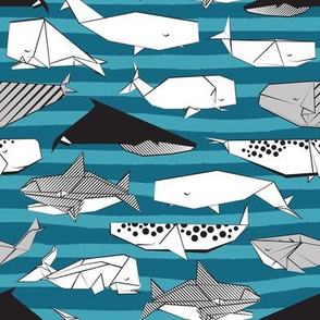 Origami Sea // small scale // teal nautical stripes background black and white paper whales