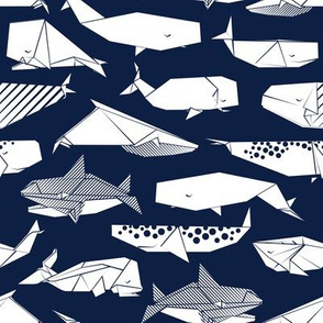 Origami Sea // small scale // navy blue background white paper whales