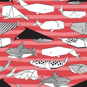 Origami Sea // small scale // red nautical stripes background black and white paper whales
