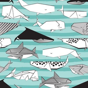 Origami Sea // small scale // aqua nautical stripes background black and white paper whales