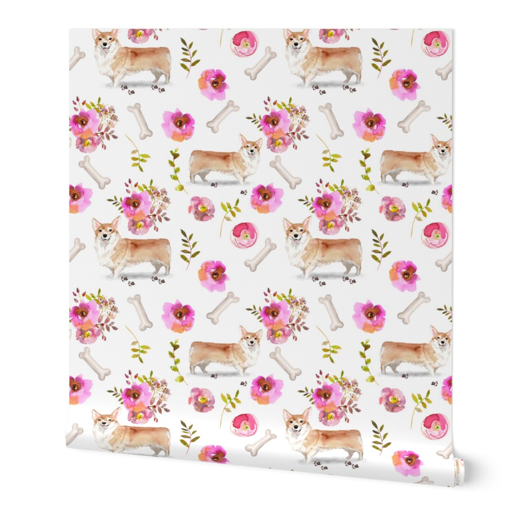 9" corgi floral fabric - dog fabric, corgi fabric, pet fabric, boone fabric, corgi fun fabric - white