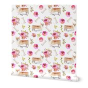 9" corgi floral fabric - dog fabric, corgi fabric, pet fabric, boone fabric, corgi fun fabric - white