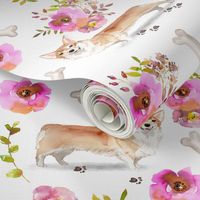 9" corgi floral fabric - dog fabric, corgi fabric, pet fabric, boone fabric, corgi fun fabric - white