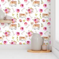 9" corgi floral fabric - dog fabric, corgi fabric, pet fabric, boone fabric, corgi fun fabric - white