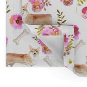 9" corgi floral fabric - dog fabric, corgi fabric, pet fabric, boone fabric, corgi fun fabric - white